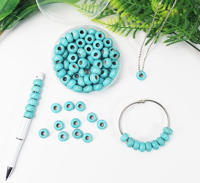PAMIR TONG Turquoise Large Hole Beads for Jewelry Making - 100pcs 14mm European Gemstone Howlite Rondelle Spacer Big Craft Beads for Pens, Bracelets