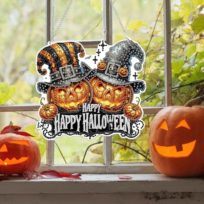 Bowetile Halloween Diamond Art Hanging Kits for Adults, Pumpkin Diamond Art Suncatchers, 5D Special Shape Diamond Painting Pendant Window Ornament Halloween Gifts for Home Garden Door Wall Decor