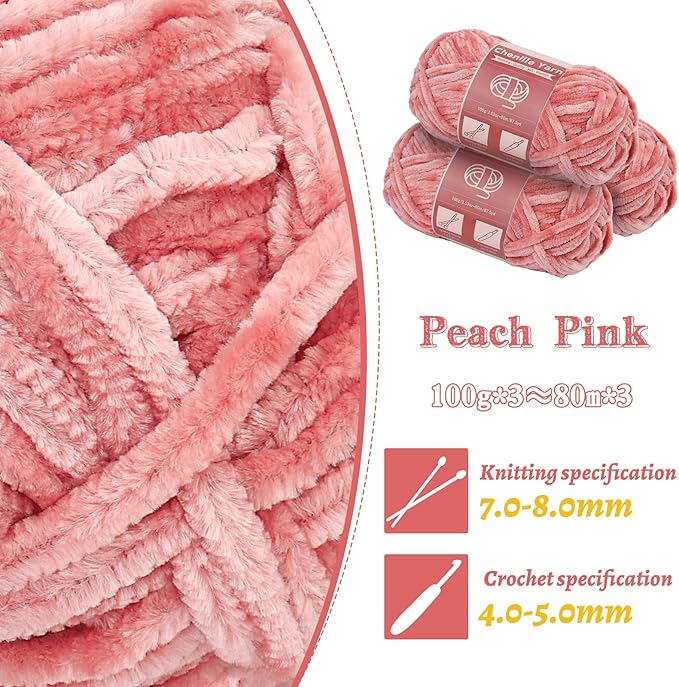 LUNARM Chenille Yarn for Crocheting Knitting, 3 Skein 263 Yard Thick Soft Chunky Fluffy Weaving Plush Yarn for Blankets Clothes Pattern Creations with Big Eye Needles (Peach Pink)