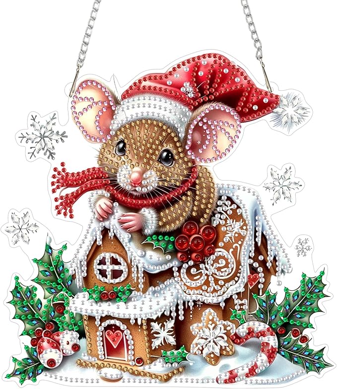 SENQAO Mouse Diamond Art Hanging Kits for Adults Kids, Christmas Diamond Art Suncatchers, 5D Special Shape Diamond Painting Pendant Window Ornament Gifts for Home Garden Door Wall Decor
