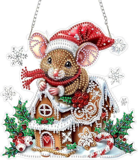SENQAO Mouse Diamond Art Hanging Kits for Adults Kids, Christmas Diamond Art Suncatchers, 5D Special Shape Diamond Painting Pendant Window Ornament Gifts for Home Garden Door Wall Decor