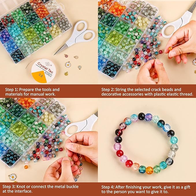 XSEINO 2400 Pieces 8mm Crack Glass Beads for Jewelry Making,48 Dazzling Colors Round Glass Beads for Making and DIY Crafts