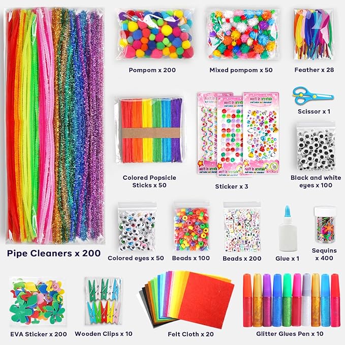 FUNZBO Easter Arts and Crafts Supplies for Kids -Kids Craft Kit with Pipe Cleaners, Popsicle Sticks, Pompoms & Stickers, All in One Homeschool Supplies, Toys Crafts for Girls Boys Age 4+