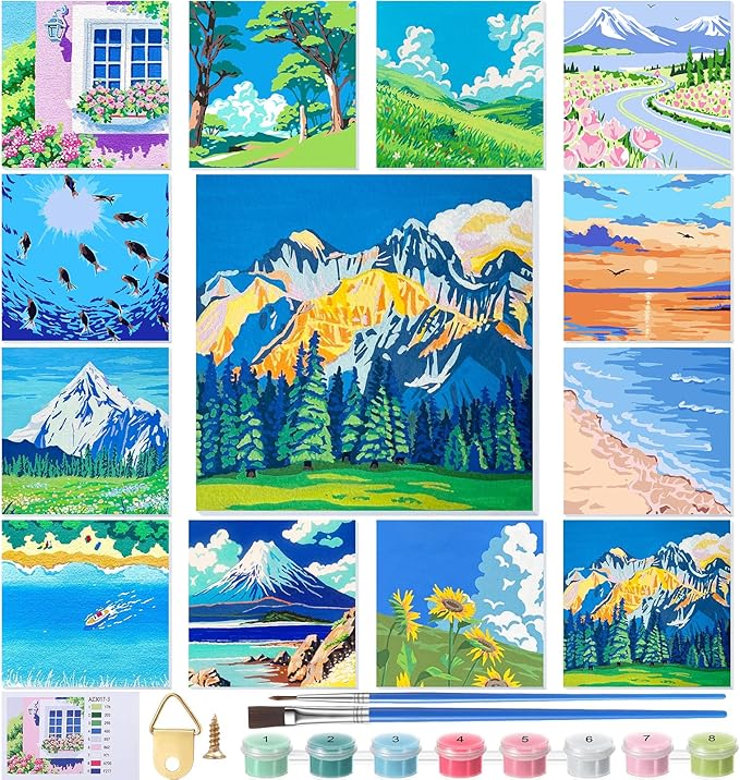 Nezyo 12 Sets Paint by Numbers Kit with Frame for Adult Beginners, Paint by Number DIY Acrylic Painting Canvas for Painting Party, Classroom Activity Birthday Gift, 8 x 8 Inch(Scenery)