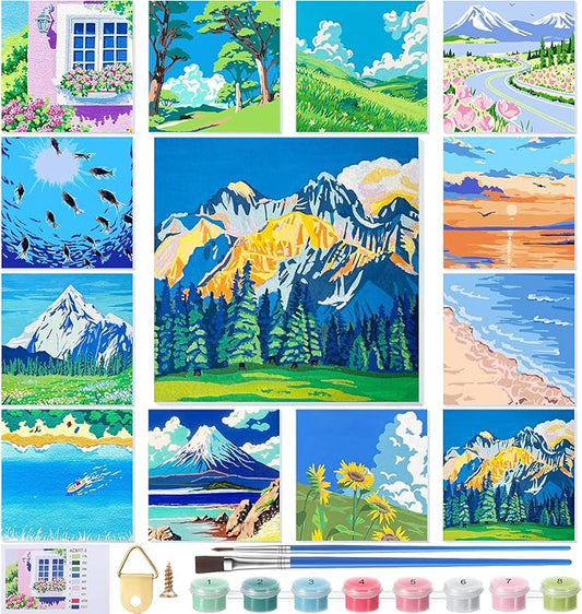 Nezyo 12 Sets Paint by Numbers Kit with Frame for Adult Beginners, Paint by Number DIY Acrylic Painting Canvas for Painting Party, Classroom Activity Birthday Gift, 8 x 8 Inch(Scenery)
