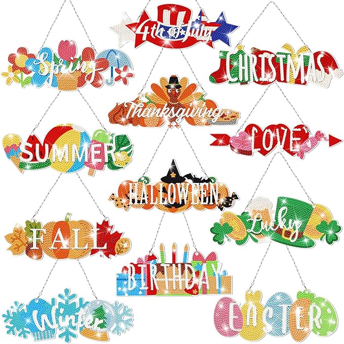 Cinnvoice 12 Pcs Seasonal Diamond Art Wreath Kits Holiday 5d DIY Diamond Art Hanging Signs Winter Spring Ornaments for Wall Door Decoration(Rustic)