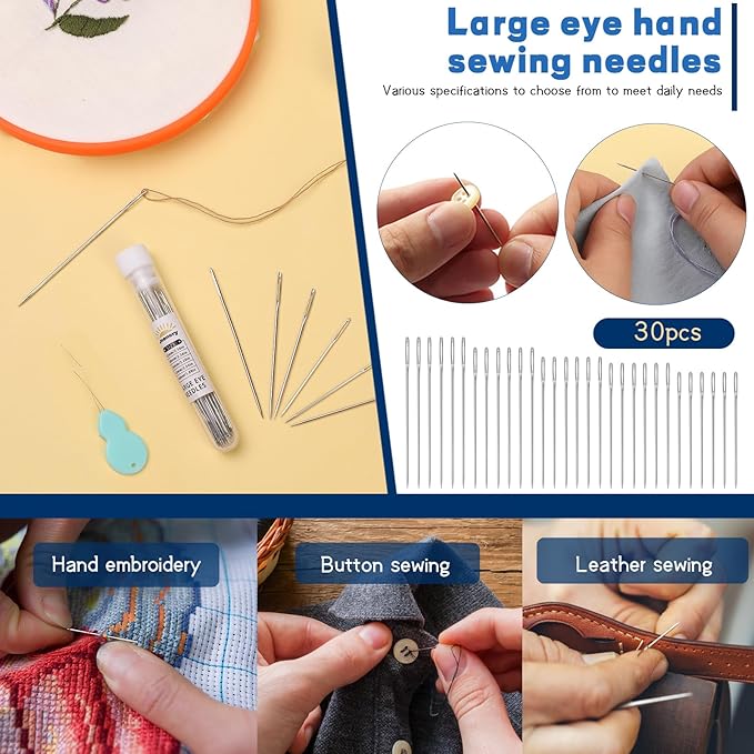 30 PCS Large Eye Sewing Needles, 5 Size Hand Sewing Needles, Leather Embroidery Thread Needle, Stainless Steel Yarn Knitting Quilting Needle with Threader for Crafts, Repair