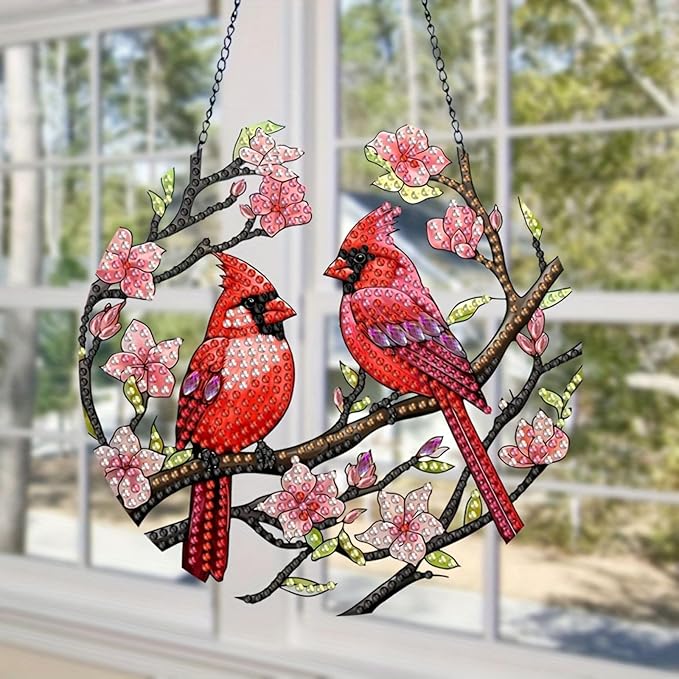 Flower Birdcage Design DIY Diamond Art Painting Wreath Kits Special Shaped Rhinestone Diamond Art Window Pendants Home Garden Wall Hanging Kits (Single Side Point Drill) (#11-Cat) (#38-Cardinal)