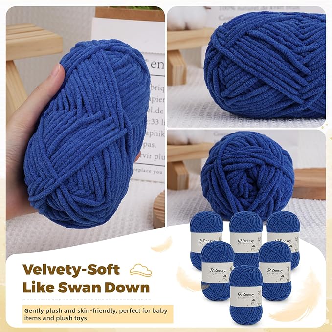 Bulky Chenille Yarn for Crocheting – 6 Pack of 50g/1.76oz Skeins, Pure Polyester, CYC #5 Bulky Weight – Ultra Soft Chenille Yarn Pack for Crafting Plush Toys, Blankets, Scarves(Sapphire Blue)