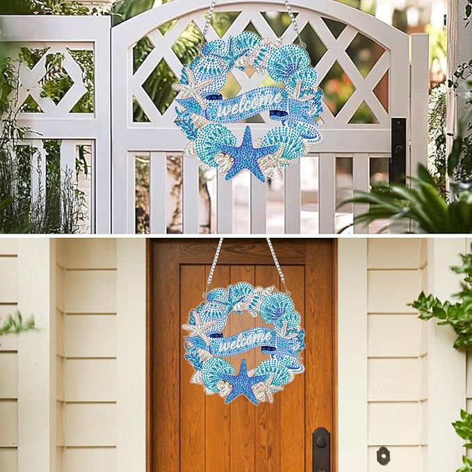 MXJSUA Wreath Seashells Starfish Diamond Painting Art Window Suncatchers, Diamond Art Kits for Adults Hanging Ornaments with Chain, 5D Special Shape Crystal Diamond Pendant Accessories for Decor Gift