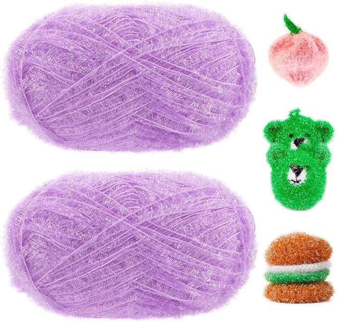 JeogYong Scrubby Yarn 2 Skeins (2 x 100g, 2 x 218yd) Scrubby Sparkle Yarn, Fluffy Polyester Scrubbie Crochet String for Crocheting Knitting Dishcloths Washcloths DIY Projects