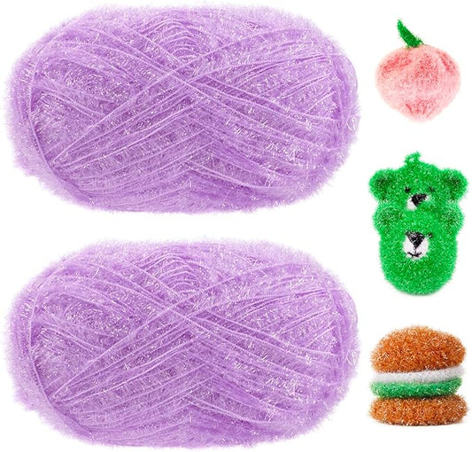 JeogYong Scrubby Yarn 2 Skeins (2 x 100g, 2 x 218yd) Scrubby Sparkle Yarn, Fluffy Polyester Scrubbie Crochet String for Crocheting Knitting Dishcloths Washcloths DIY Projects
