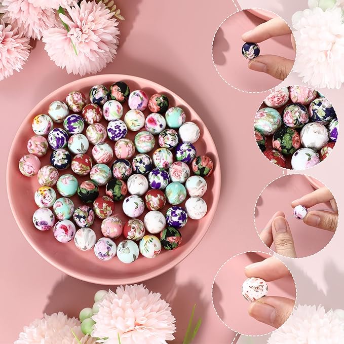 Ferreve 60 Pcs 15mm Silicone Beads Bulk Spring Flower Print Round Focal Beads Rubber DIY Silicone Loose Bead for Bracelet Making Kit for Keychain Pens Necklace Bracelets Jewelry Making