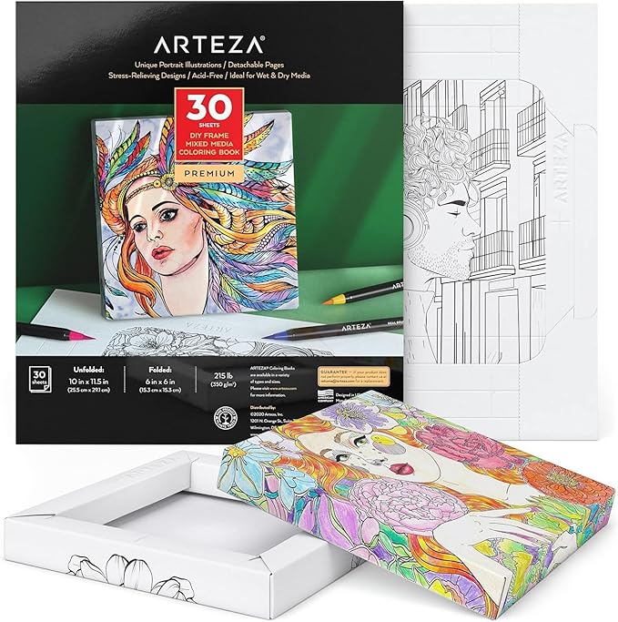 ARTEZA Adult Coloring Book, Portrait Illustrations, 30 Sheets, 10x11.5 Inches, DIY Coloring Pages Fold into 6x6 Inches Frames, 215 lb Paper