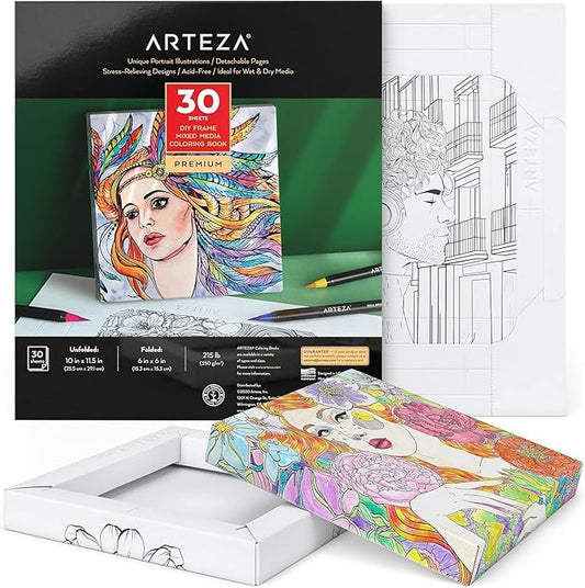 ARTEZA Adult Coloring Book, Portrait Illustrations, 30 Sheets, 10x11.5 Inches, DIY Coloring Pages Fold into 6x6 Inches Frames, 215 lb Paper