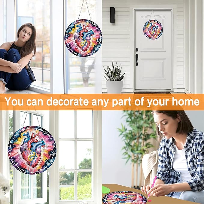 Ginfonr Diamond Painting Kits Hanging Pendant, Magic Diamond Art Kits for Adults, Special Shaped Rhinestone Heart Diamond Art, Double Sided Hanging Kits for Garden Wall Window 8 x 8 inch