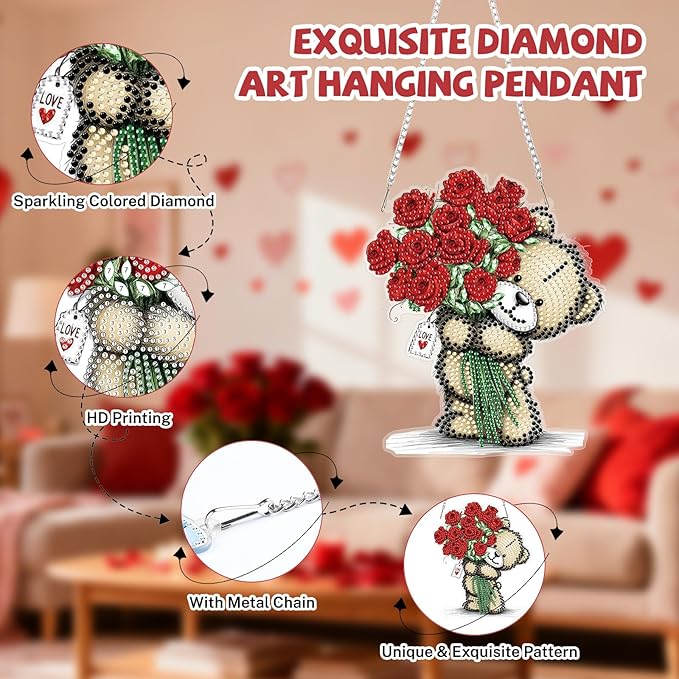 Bowetile Valentine's Day Diamond Art Hanging Kits for Adults, Diamond Art Suncatchers Bear, 5D Special Shape Diamond Painting Red Roses Pendant Window Ornament Gifts for Home Door Wall Decor