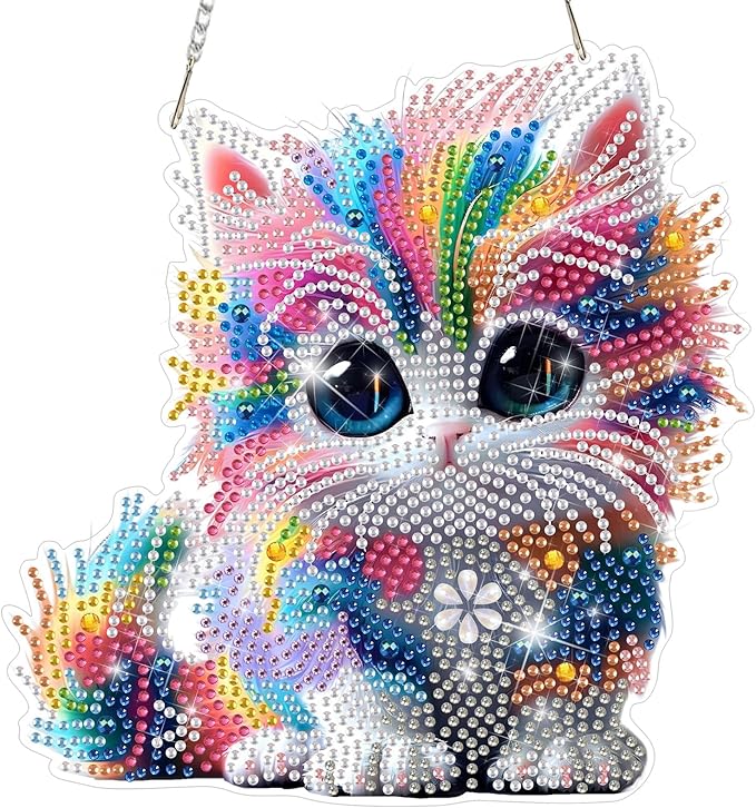 DOMROM Cat Diamond Art Hanging Kits for Adults, Special Shaped Crystal Diamond Painting Cat Pendant, DIY Diamond Art Suncatchers Animal for Home Garden Wall Decor Gift