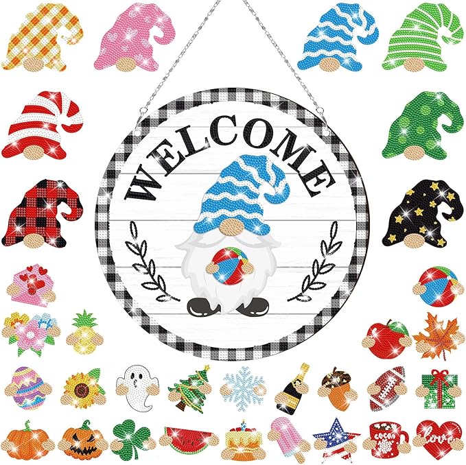 33 Pcs Magnetic Diamond Art Set Interchangeable DIY Gnome Diamond Painting Decor Detachable Welcome Sign Seasonal Door Hanger Gnome Party Decorations Gift for Home Wall Front Door(Stylish)