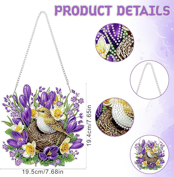 RICUVED Hanging Diamond Art Painting Kit, Special Shaped Crystal Craft Bird's Nest Diamond Painting Pendant Kit for Adults, DIY Flowers Hanging Acrylic Diamond Art Ornament Kit for Home Garden Decor