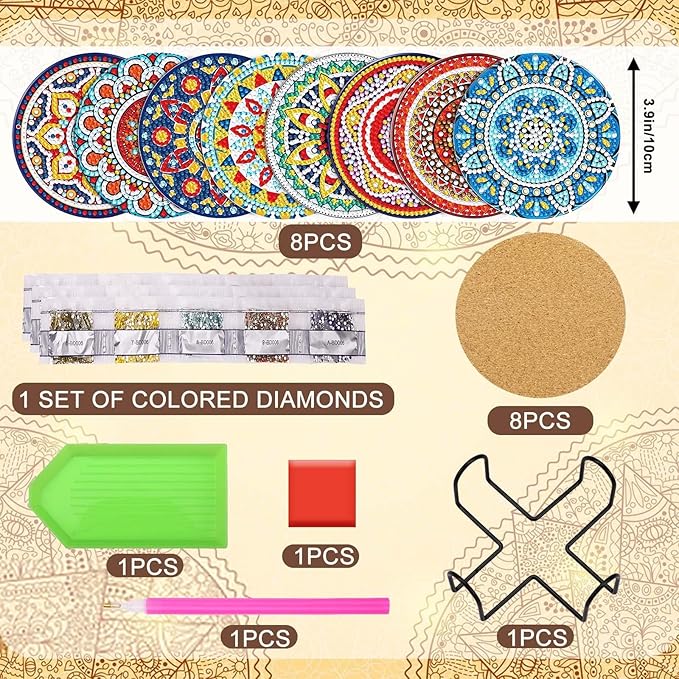 UPINS 8Pcs Mandala Diamond Art Painting Art Coasters Kits with Holder, Diamond Art Non Slip Coaster Kits DIY with Holder Crafts for Adults Diamond Art Painting Kits Supplies for Christmas Gift
