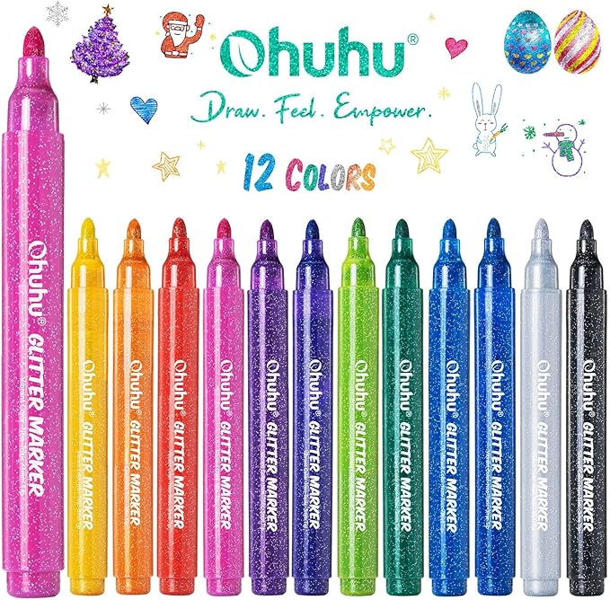 Ohuhu Glitter Markers Pen: 12 Glitter Colors Metallic Shimmer Marker Round Tip Water-based Ink for Kids Adults DIY Crafts Greeting Birthday Cards Making Mugs Wood Medium Tip 3.0mm