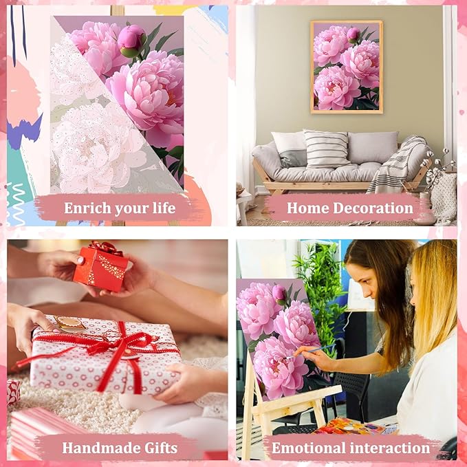 MAXBYE Pink Peony Paint by Numbers for Adults, Flower Paint by Number on Canvas Without Frame, DIY Easy Oil Painting for Home Wall Decor Gift 12x16inch
