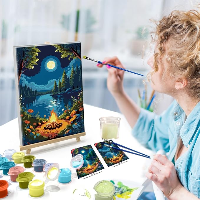 ATDMS Landscape Paint by Numbers Kit for Adults with Frame Moon Paint by Number with Easel Lake Adult Paint by Number Kits Framed Canvas DIY Oil Painting by Numbers for Gift Home Wall Decor 8x12 Inch