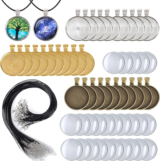 J6QIHANG Pendant Trays Kit for DIY Jewelry Crafts Making, Including Oval Pendant Bezel Blank Trays Glass Cabochons Waxed Necklace Cords for Photo Cameo Jewelry Making