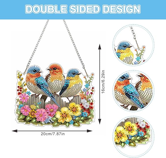 Lxmsja DIY Three Cute Birds Diamond Painting Hanging Ornament, Double-Sided Acrylic Colorful Flowers Diamond Art Kit, Special Shaped Suncatcher Hanging Pendant Window Art Kit 6x8 inch