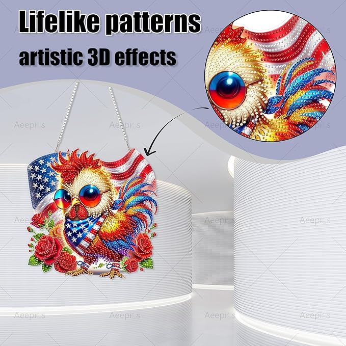 Aeepics Hanging Diamond Art Kit for Adult, DIY Diamonds Painting Pendant Ornament Kit, Acrylic Diamond Art Painting Board Kit (Rooster)