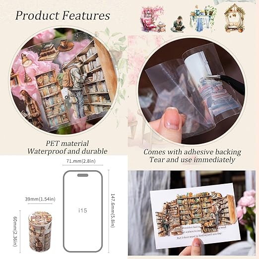 Kesari PET Tape Stickers for Scrapbooking Supplies, 6 Rolls Home Reading Themed Washi Journal Stickers for Scrapbook,Journaling, Junk Journal Supplies, DIY Crafts (Corner)