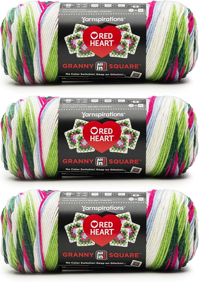 Red Heart All in ONE Granny Square Watermelon Yarn - 3 Pack of 8.8oz/250g - 100% Acrylic - #4 Worsted (Medium) - 417 Yards - Knitting/Crochet