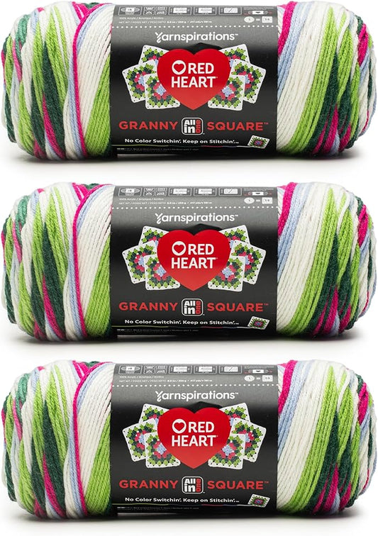 Red Heart All in ONE Granny Square Watermelon Yarn - 3 Pack of 8.8oz/250g - 100% Acrylic - #4 Worsted (Medium) - 417 Yards - Knitting/Crochet