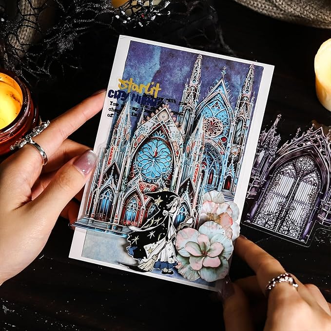 60PCS Moonlight City PET Stickers, Large Gothic Castle Stickers for Scrapbooking, DIY Crafts, Journaling, and Junk Journal Ephemera with Organizer