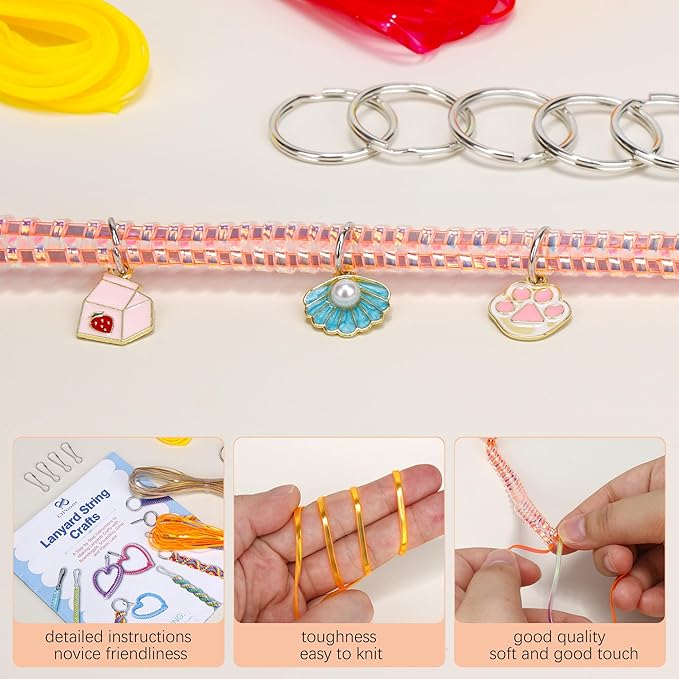 PP OPOUNT Lanyard String Kit for Summer Camp Adults – 15 Plastic Gimp Strings with 40 Keychain Accessories & Instructions, DIY Bracelets Keychains Adults Gift Craft Set(Solid/Glitter/Laser Colors)