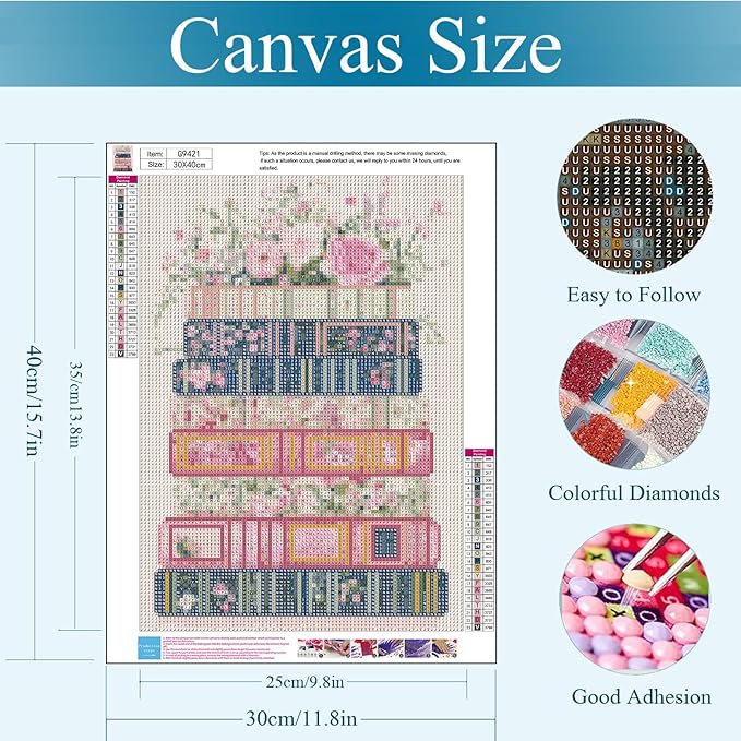 Gemozaic Book Diamond Painting Kits for Adults, Books Diamond Art Kits for Adults, Books and Flowers Easy Gem Art Kit for Beginner, Gift Home Wall Decor, 12 x 16 Inch, No Frame