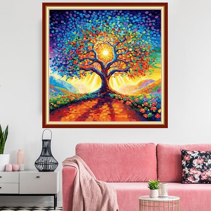 Redxing Stamped Cross Stitch Kits Embroidery kit for Beginners Adults Full Range of Embroidery Patterns Starter Kits DIY Printed Cross Stitch Kits Needlepoint Kits 11CT-Magical SunTree 18x18 inchs