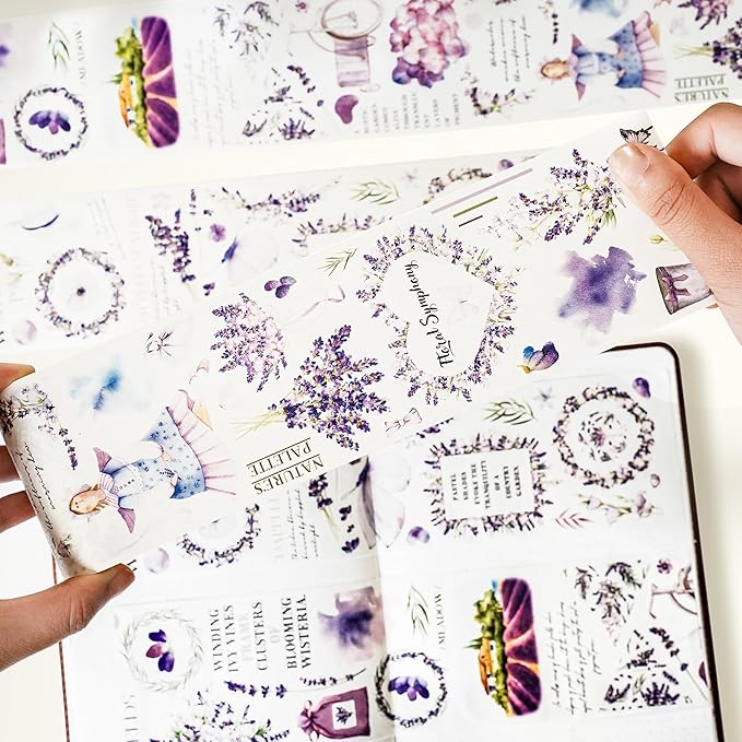 WT Pre-Cut Purple Muse Wide PET Tape, Single Roll, Soft Purple Florals & Handwritten Script, Transparent Decorative Tape for Journaling, Scrapbooking, Bujo, Planner, DIY Crafts, 70mm×5m