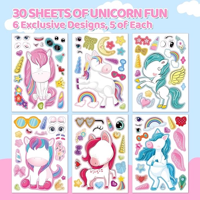 aowplc 30 sheets make a unicorn stickers for kids party favors, birthday decorations & craft activities