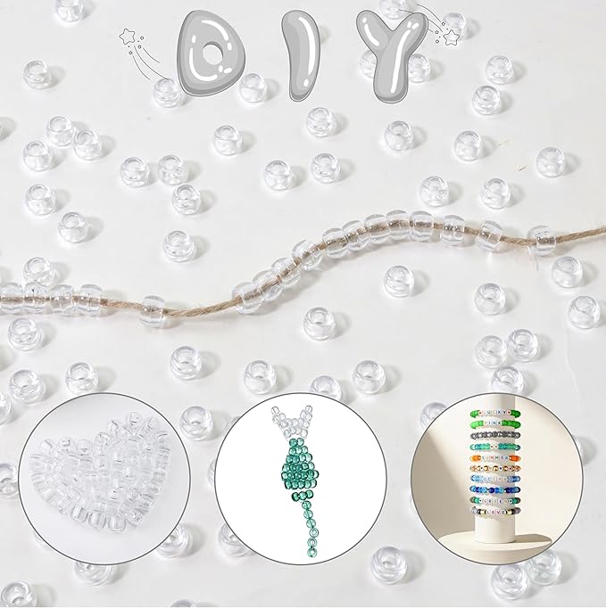 1000 Pc Boxed Clear Transparent Pony Beads, 9MM Plastic Craft Beads with Large Hole, Clear Hair Bead for Braids, Bracelet Bead for Jewelry Making