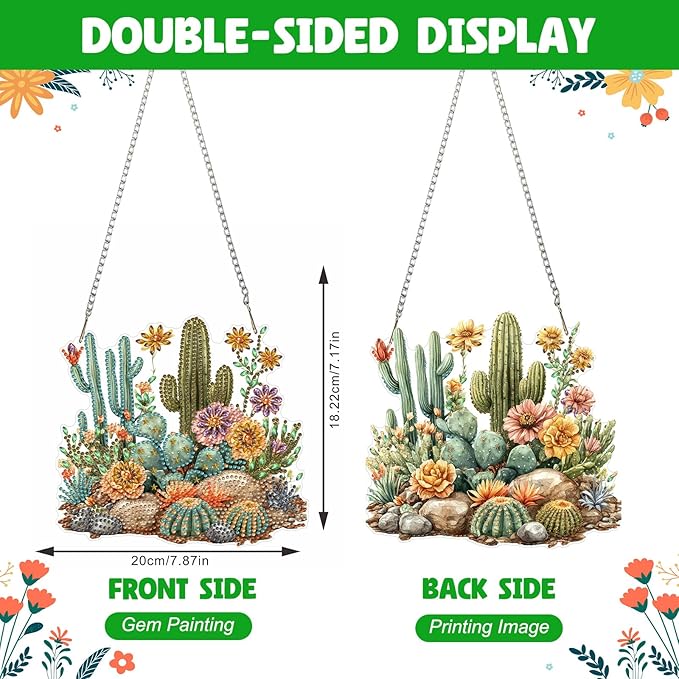 NAIMOER Diamond Art Hanging Kits for Adults Cactus 5D Special Shaped Rhinestone, DIY Acrylic Diamond Art Painting Window Pendants Home Garden Wall Hanging Ornament Kits, Double Sided