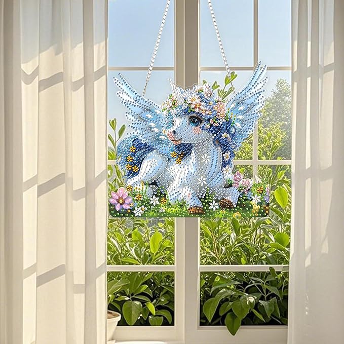 TOSTOG Gentle Unicorn Flower Diamond Art Pendant Kits for Adult, Diamond Painting Hanging Kit for Beginners, 5D DIY Crafts Gem Art, Waterproof Full Accessories for Home Decor Idea 20 * 20 cm/8 * 8 in