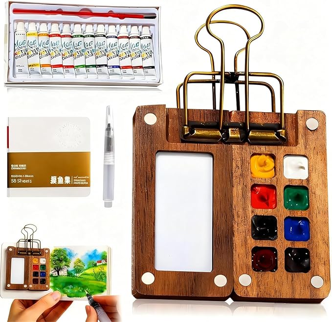 Mini Watercolor Paint Set,12 color Paints, 8 Grids Portable Wooden Travel Palette, Sketchbook & Copper Clip, Metal Clip –For Beginners, Artists & Painting Enthusiasts