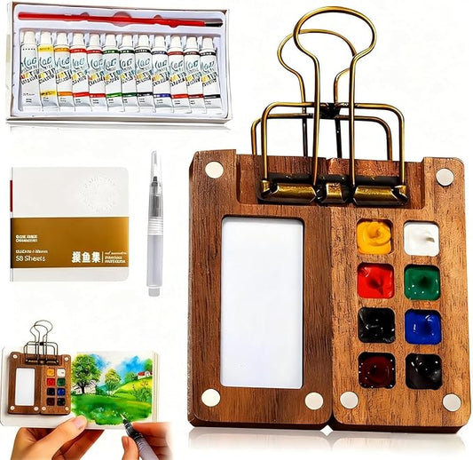 Mini Watercolor Paint Set,12 color Paints, 8 Grids Portable Wooden Travel Palette, Sketchbook & Copper Clip, Metal Clip –For Beginners, Artists & Painting Enthusiasts
