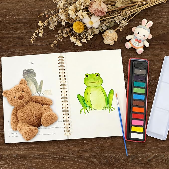 Watercolor Workbook for Beginners, Watercolor Coloring Books for Adults, Easy Water Coloring Book, Animal Water Color Paint Set Painting Kit with 1 Spiral Sketchbook, 12 Colors, 2 Brushes, 1 Bucket