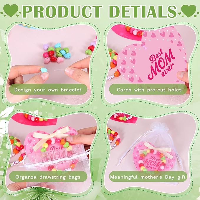 Kigeli 24 Pcs Mother's Day Craft Jewelry Bracelet Making Kit with Heart Beads, Mom Letter Beads, Organza Bags, Ribbon, Elastic Cord & Cards for DIY Bracelets