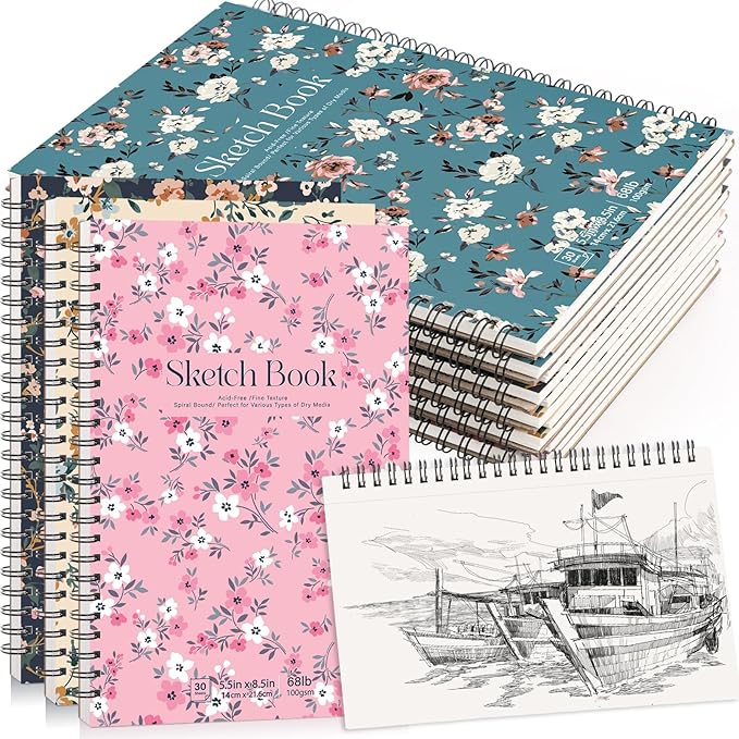 12 pack sketch book, 5.5 x 8.5 inch sketchbook, 68lb/100gsm top spiral bound sketch pad, acid free art supplies drawing painting sketching paper for woman artists (30 sheets each)