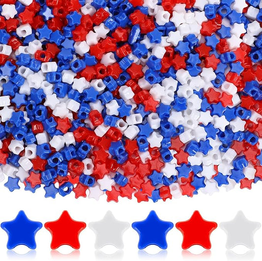 UPINS 1200pcs Red White and Blue Beads,4th of July Beads Patriotic Star Shaped Beads American Beads Memorial Day Beads DIY Jewelry Making Crafts
