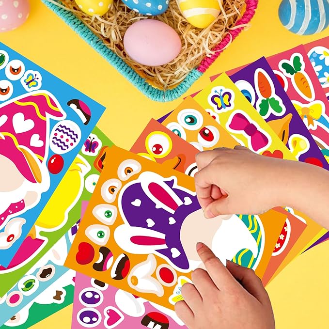 24 sheets easter make-a-face stickers for kids, make your own easter sticker for boys girls, easter eggs bunny chick farm animal lamb face stickers for family schools classroom party favor supplies